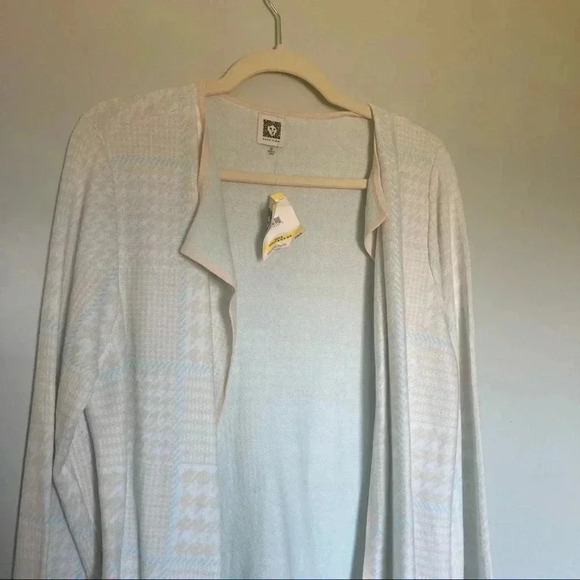 NWT Anne Klein light blue palette beige houndstooth long open  cardigan - Picture 2 of 8